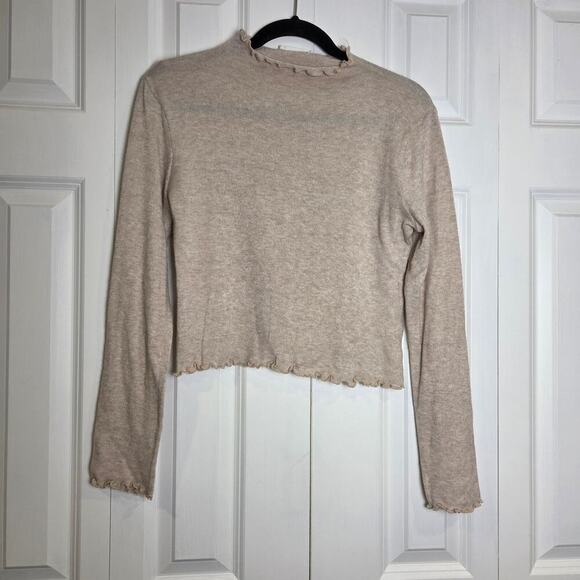 LUSH Tan Crop Sweater Scalloped Edges Lightweight Soft Medium - Picture 1 of 6